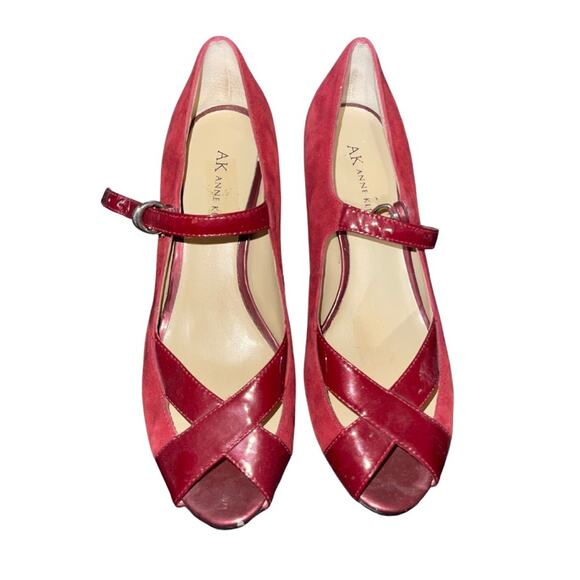 Anne Klein Mary Jane Peep Toe Red Suede Leather Heels Pumps Size 7.5 Career - Picture 1 of 3